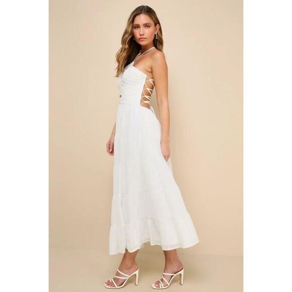 Lulus Womens Effortless Sweetness White Ruched Lace-Up Tiered Midi Dress X-Large - Picture 1 of 13